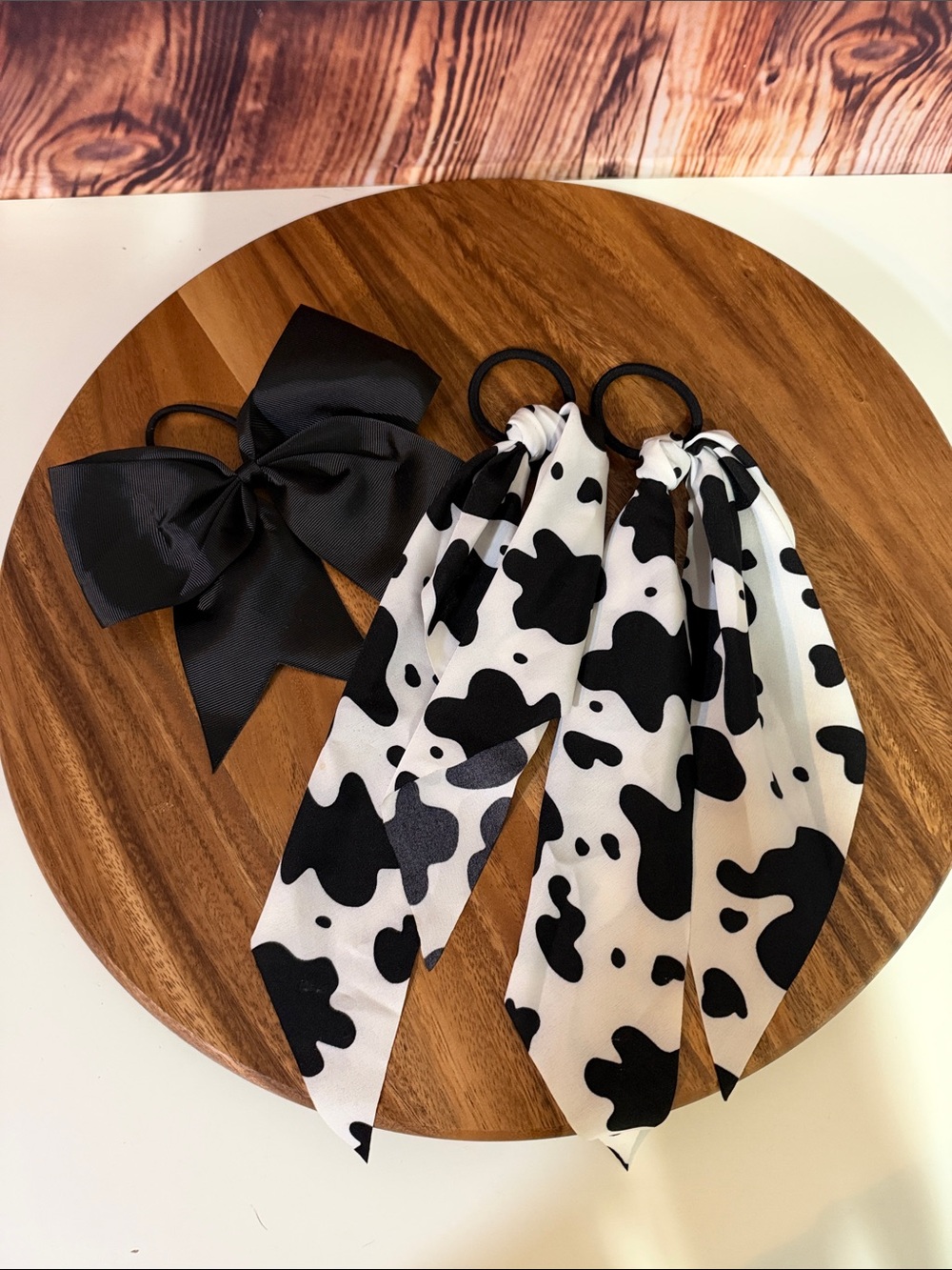 Black & White Cow Print Kids Hair Scarf Scrunchies and Black Bow Set